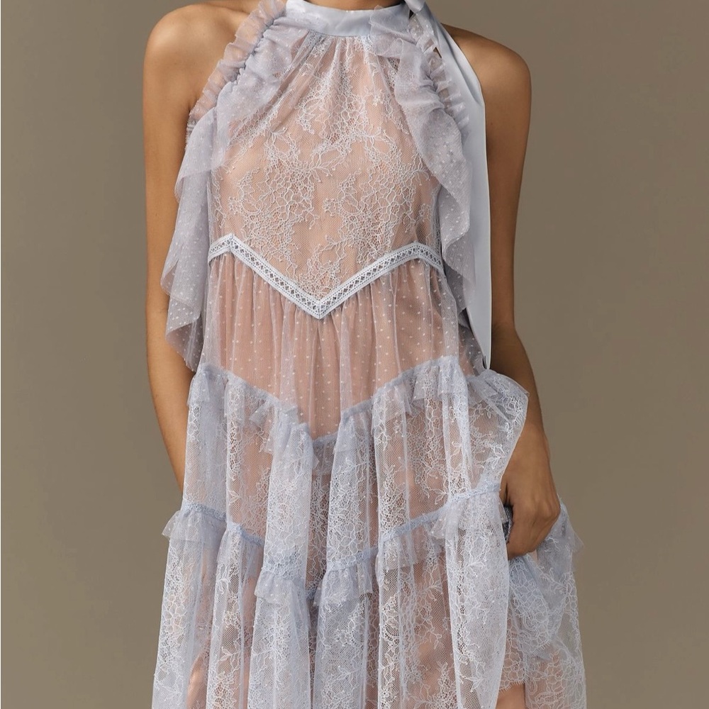Anthropologie Sheer Lace Halter Dress in Pale Blue